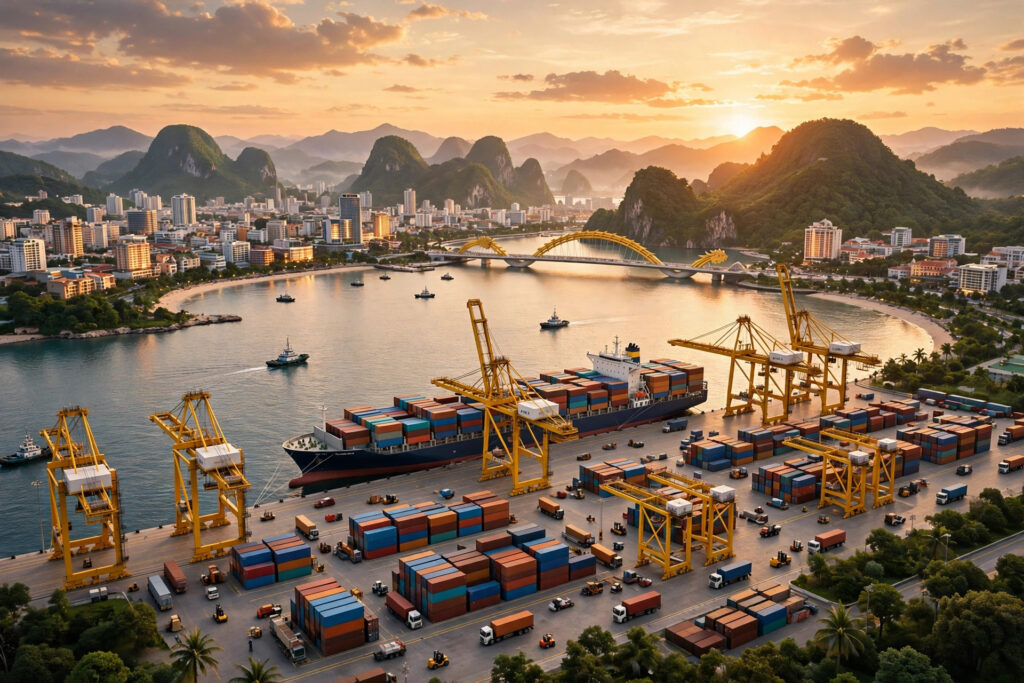 Giá đất Liên Chiểu 2026 – ảnh minh họa AI cảng container và đô thị ven biển Đà Nẵng
